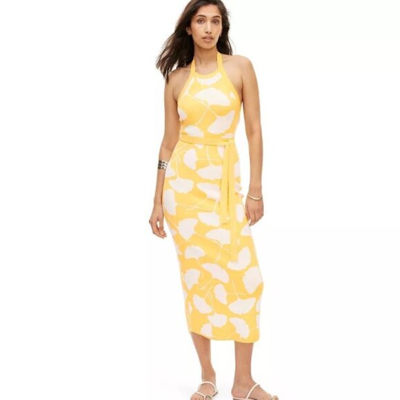 DVF Yellow Dress Halter Tie Neck Ginkgo Yellow Sweaterknit Midi Dress - NWT - Picture 7 of 7